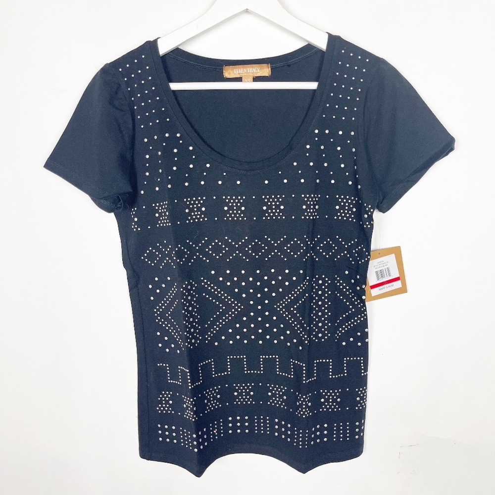 Ellen Tracy Tee T- Shirt Size XS Black Studded Cotton New with Tags
